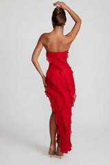 Bandeau Ruffle Detail Maxi Dress in Red