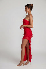 Bandeau Ruffle Detail Maxi Dress in Red