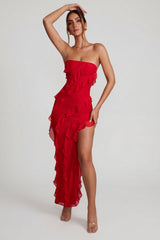 Bandeau Ruffle Detail Maxi Dress in Red