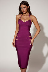 Cut-Out Halterneck Bodycon Midaxi Dress in Plum