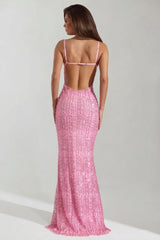 Embellished Cowl-Neck Backless Maxi Dress in Pink