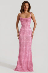 Embellished Cowl-Neck Backless Maxi Dress in Pink