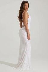 Embellished Cowl-Neck Backless Maxi Dress in White