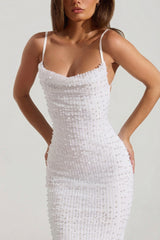 Embellished Cowl-Neck Backless Maxi Dress in White