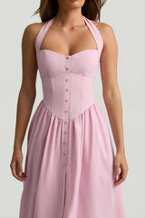 Button-Detail Halterneck Midaxi Dress in Soft Pink