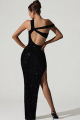 Embellished Asymmetric Cut-Out Gown in Black