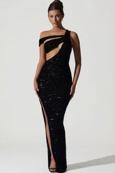 Embellished Asymmetric Cut-Out Gown in Black