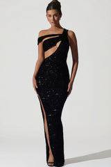 Embellished Asymmetric Cut-Out Gown in Black