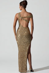 Embellished Asymmetric Cut-Out Gown in Gold