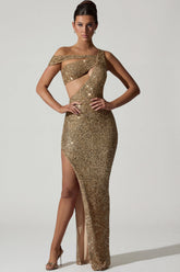 Embellished Asymmetric Cut-Out Gown in Gold