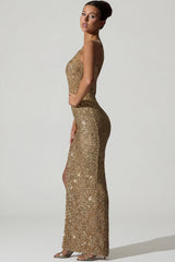 Embellished Asymmetric Cut-Out Gown in Gold