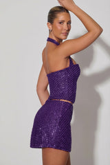 Embellished Heart-Detail A-Line Micro Mini Skirt in Purple