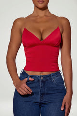 Ruched Plunge-Neck Camisole Top in Red