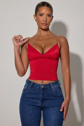 Ruched Plunge-Neck Camisole Top in Red