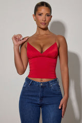 Ruched Plunge-Neck Camisole Top in Red