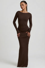 Modal Ruched Backless Maxi Dress in Chocolate Brown