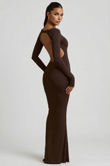 Modal Ruched Backless Maxi Dress in Chocolate Brown