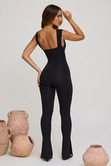 Plunge Neck Ruched Waist Jumpsuit in Black