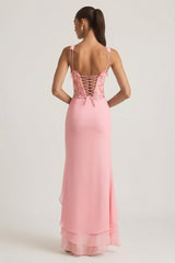 Embellished Plunge Ruffled Corset Maxi Dress in Pink
