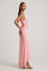 Embellished Plunge Ruffled Corset Maxi Dress in Pink