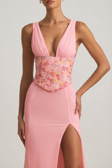 Embellished Plunge Ruffled Corset Maxi Dress in Pink