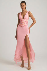 Embellished Plunge Ruffled Corset Maxi Dress in Pink