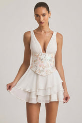 Embellished Ruffled Corset Mini Dress in Ivory