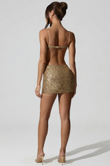 Embellished Cut-Out Mini Dress in Gold
