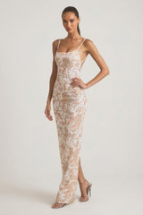Embellished Scoop-Neck Backless Maxi Dress in Ivory