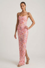Embellished Scoop-Neck Backless Maxi Dress in Pink