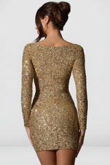 Embellished Sweetheart-Neck Mini Dress in Gold