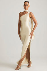 Asymmetric Scarf-Detail Maxi Dress in Ivory