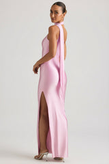 Asymmetric Scarf-Detail Maxi Dress in Soft Pink