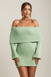 Bouclé Off-Shoulder Mini Dress in Mint