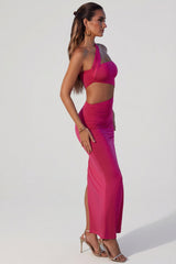 Asymmetric Neckline Ruched Cut Out Maxi Dress in Fuchsia