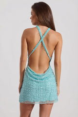 Embellished Cowl-Neck Backless Mini Dress in Aqua Blue