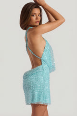 Embellished Cowl-Neck Backless Mini Dress in Aqua Blue