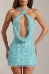 Embellished Cowl-Neck Backless Mini Dress in Aqua Blue