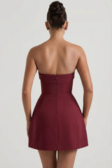 Foldover-Neck Strapless Structured A-Line Mini Dress in Wine Red