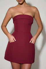 Foldover-Neck Strapless Structured A-Line Mini Dress in Wine Red