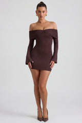Modal-Cashmere Blend Off-Shoulder Ruched Mini Dress in Espresso