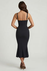 Layered Bra-Detail Fishtail Midaxi Dress in Black