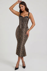 Layered Bra-Detail Fishtail Midaxi Dress in Leopard Print
