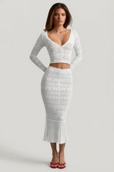 Ruffle-Trim Pointelle-Knit Midaxi Skirt in White