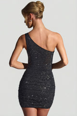 Embellished One-Shoulder Mini Dress in Black