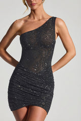 Embellished One-Shoulder Mini Dress in Black