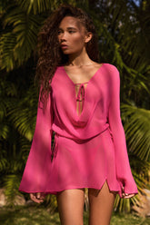 Cowl-Neck Mini Dress in Fuchsia Pink