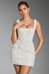 Floral-Appliqué Square-Neck Corset Mini Dress in White