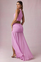 Asymmetric Ruched Maxi Skirt in Pink Orchid
