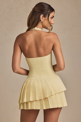 Asymmetric Layered Halterneck Mini Dress in Pastel Yellow